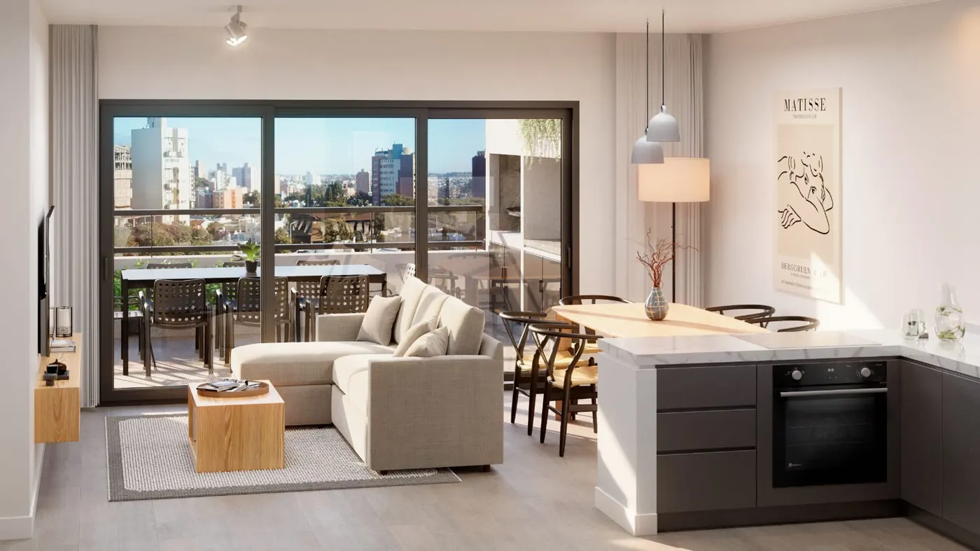 Render de living-comedor de unidad tipo en Arcadia Residence